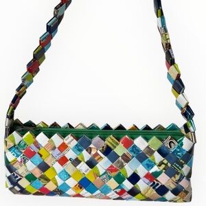 Nahui Ollin Green Candy Wrapper Shoulder Bag Woven Recycled Eco Purse